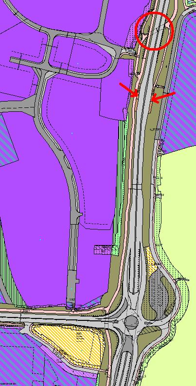 Fig. 6. De to røde pilene viser bussholdeplassene nærmest planområdet ved utbygging av reguleringsplan for TKV. Rød sirkel viser hvor man kan krysse Tanangervegen.