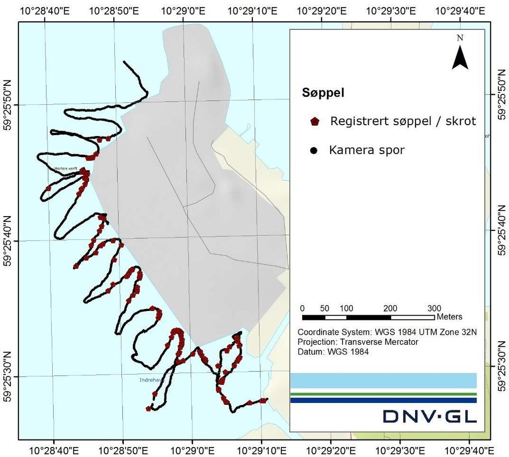 Figur 3-5 Registrert søppel og skrot langs kartleggingsrute, med