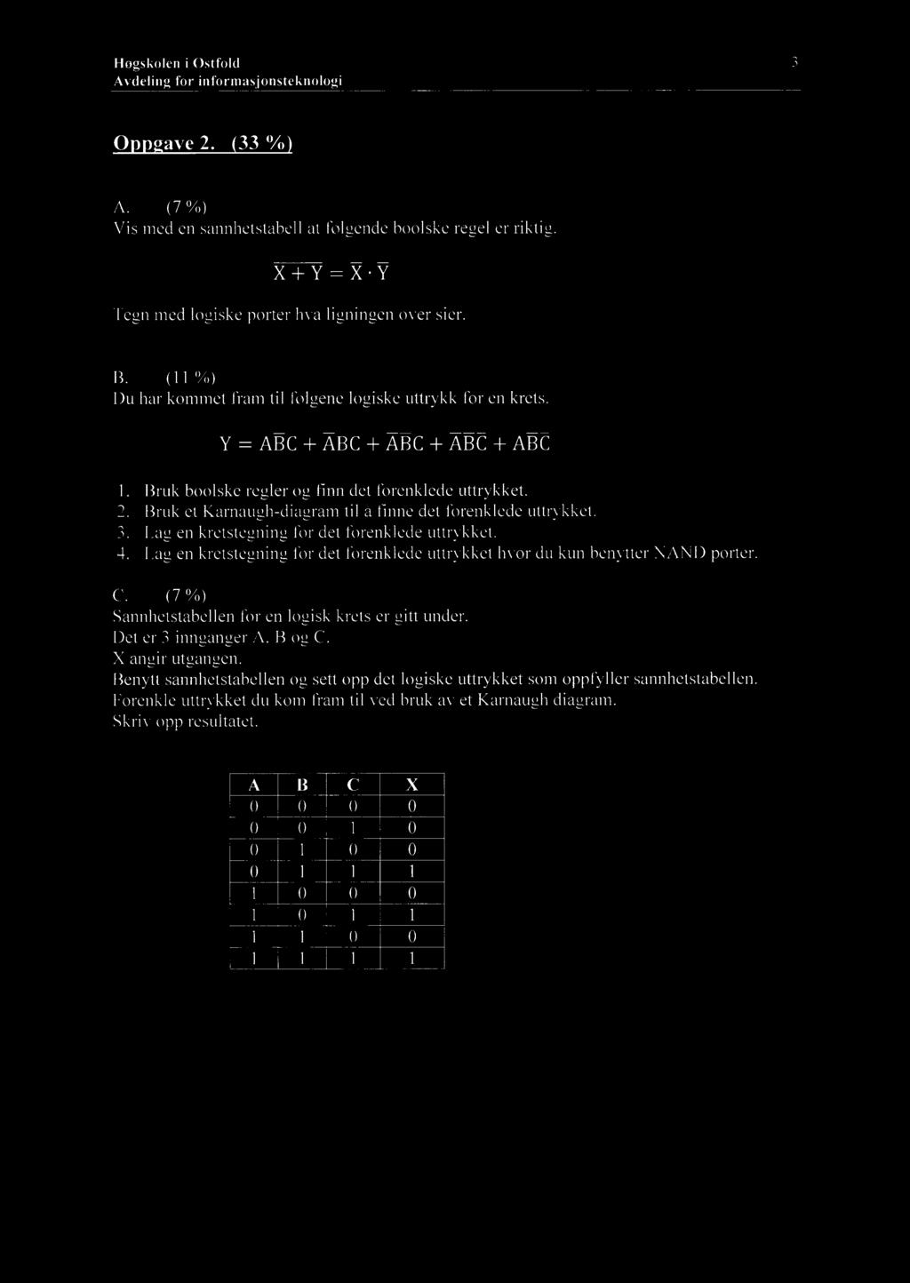 Bruk et Karnaugh-diagram til å finne det forenklede uttrykket. Lag en kretstegning for det forenklede uttrykket. Lag en kretstegning for det forenklede uttrykket hvor du kun benytter NAND porter. C.