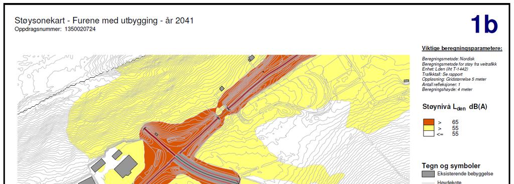 STØYUTREDNING 11 Støysonekart med utbygging (år 2041) Figur 5 under viser støysonekartet med planlagt utbygd reguleringsplan, med trafikktall fremskrevet til år 2041.