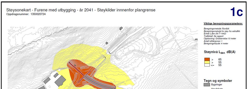 12 (20) STØYUTREDNING Støysonekart med kilder innenfor plangrense (år 2041) berørte støyfølsomme bygninger Figur 6 under viser støysonekartet for planlagt utbygd reguleringsplan, med trafikktall