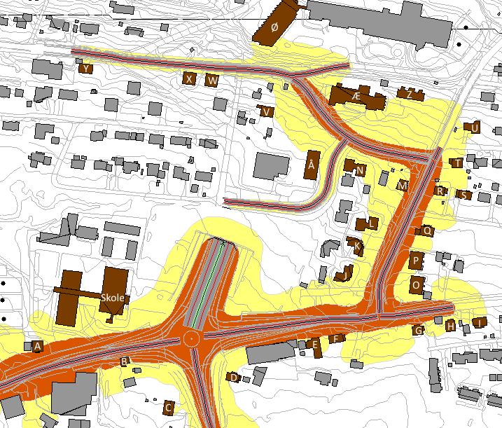16 (20) STØYUTREDNING Figur 10 Volda støyfølsomme bygninger som vurderes videre. Bygg A-Y i figur 10 er bygninger for boligformål. Av disse er O og P studentboliger og Q er et boog velferdssenter.