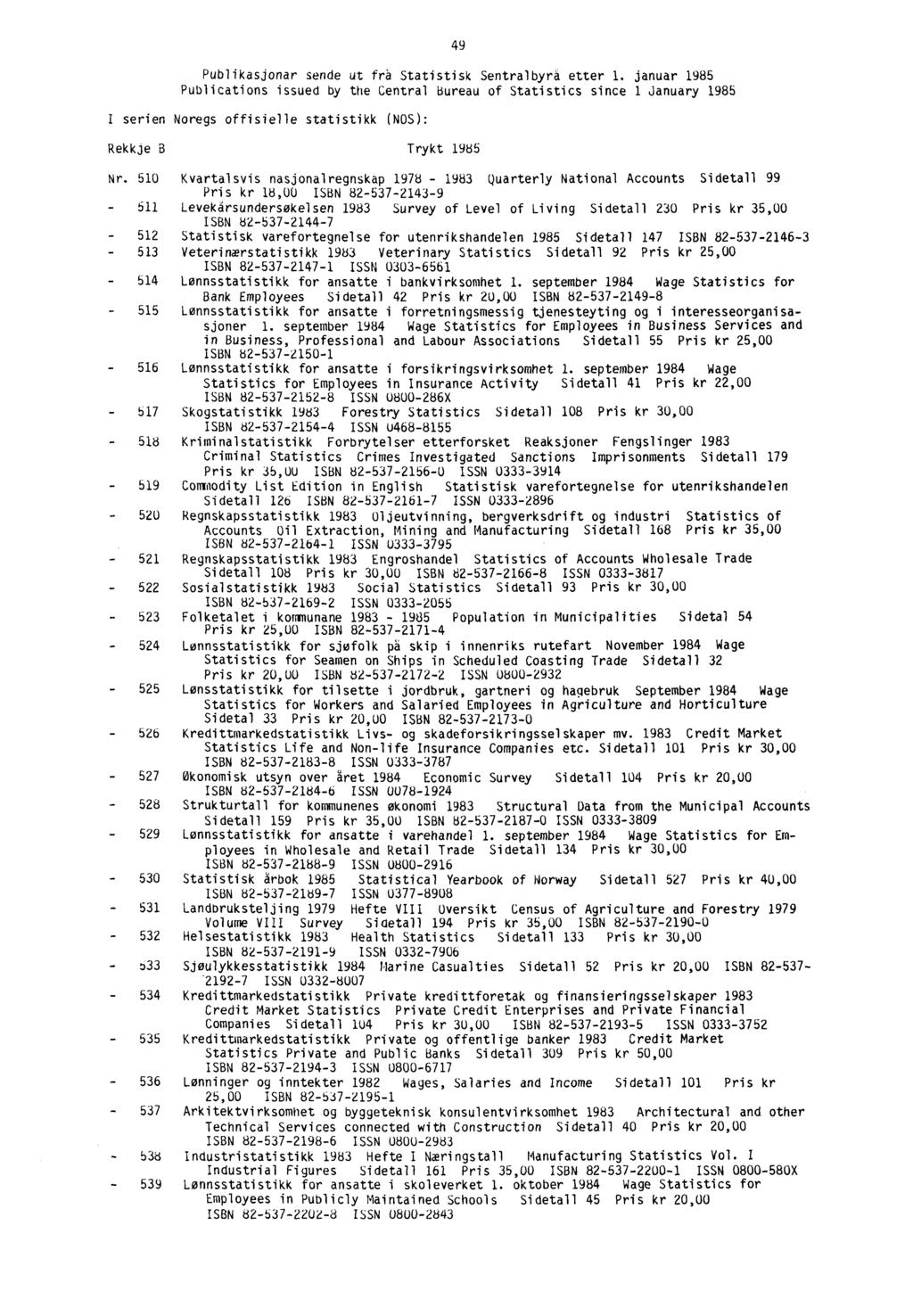 49 Publikasjonar sende ut fra Statistisk Sentralbyra etter 1.