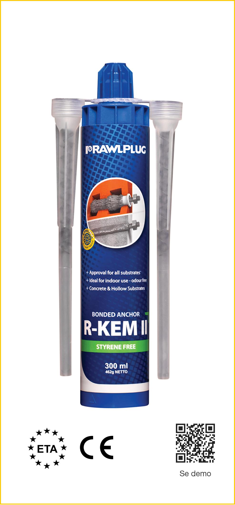 Kjemisk innfesting Ankermasse Polyester, R-KEM II Rawlplug R-KERM II Ankermasse på Polyester basis, styrenfri Ved innfesting av gjengestenger: Godkjent for bruk i ikke sprukket betong C20/25-C50/60