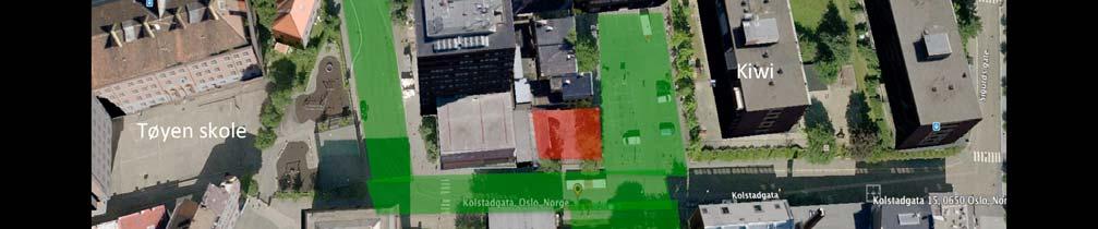 Fig 3: Utvidet skolegård for Tøyen skole, gatetun, og et langt parkdrag fra dagens parkeringsplass og over til Boligbyggs grøntarealer.