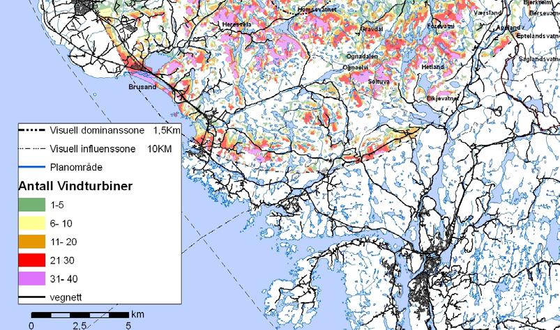 ) viser antall vindturbiner som blir synlige fra omgivelsene rundt vindparken.