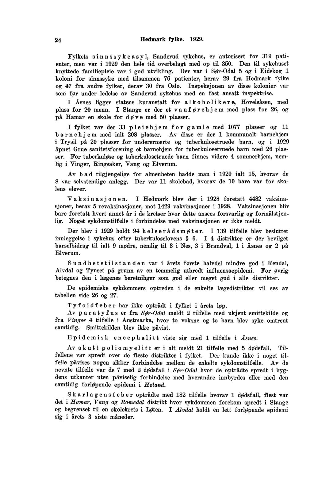 Hedmark fylke.. Fylkets sinnssykeasy, Sanderud sykehus, er autorisert for patienter, men var i den hele tid overbelagt med op til 0. Den til sykehuset knyttede familiepleie var i god utvikling.