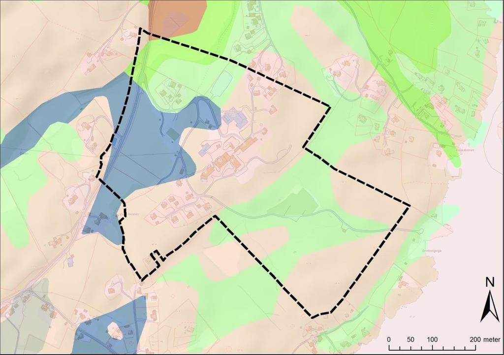 KARTLEGGING AV BIOLOGISK MANGFOLD 3 Figur 2: Store deler av planområdet har bart fjell eller tynt morenedekke (hhv. Rosa og lysgrønn farge). Marine avsetninger (blå farge) finnes i vestre del.