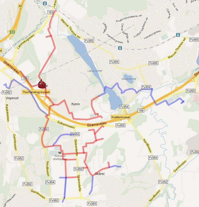 FJERNVARMENETT LØRENSKOG, AKERSHUS ENERGI VARME Utbygd fjernvarmenett per 2011 (rød linje) og planlagt nett de påfølgende årene (blå linje).