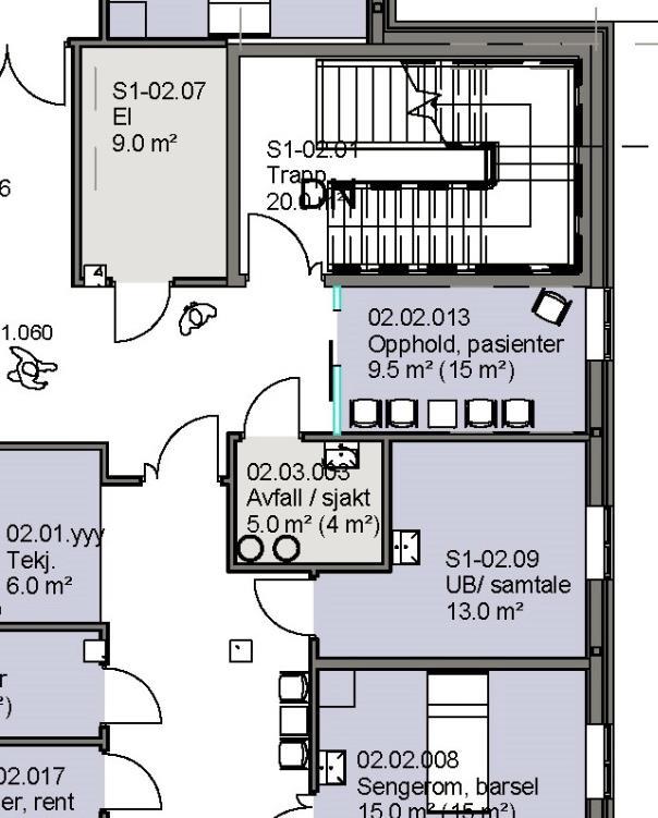 Figur 15: S1, 2.etasje, rom for nedkast for tøy og avfall I forlengelsen av sjaktene for avfall og for tøy klargjøres det for videreføring til planlagt nytt sugesystem.