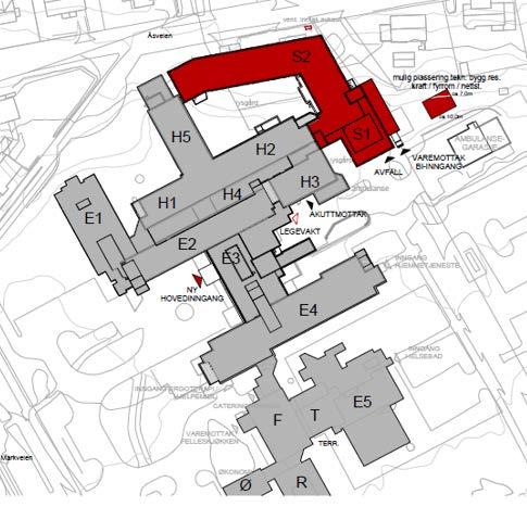 Området merket rødt er Nybygg Alta nærsykehus Prosjekteringsgruppen foreslår å legge sykehusfløyen i det nordøstre hjørnet mellom fløyene H2, H3 og H5, direkte forbundet med H2 og H5.
