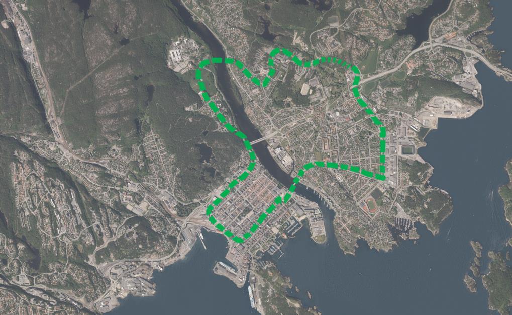 Sykehuset Universitetet Bjørndalen Lund Marviksletta Rutebilstasjon Fergeterminal Jernbanestasjon Illustrasjon 03 Bynær trasé - kart.