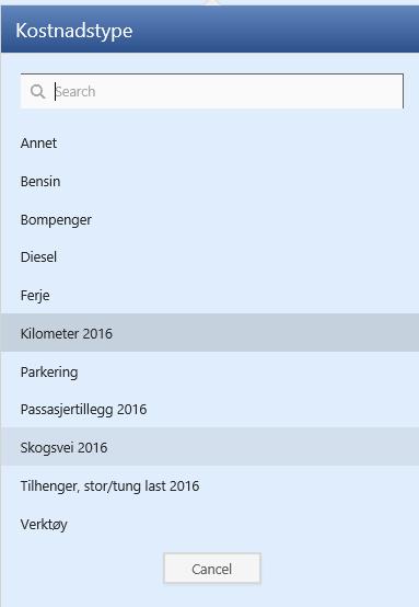 Feltet «Legg til turkostnad» kommer da opp (se under). B. Klikk pilen i «Velg kostnadstype»-linjen Feltet «Kostnadstype» vises da (se til høyre).