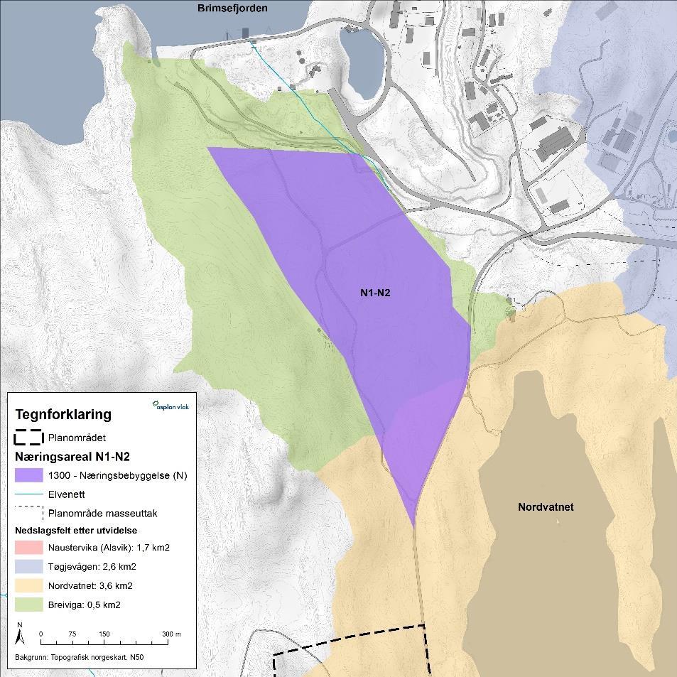 Side 20 av 27 5.1 Område N10 Tilsvarende vurdering som i alternativ 4, jf. kap. 4.1. 5.2 Område N1 og N2 Avrenning fra hele N1 og største delen av N2 vil gå til sjø via eksisterende næringsområde i Nordmarka.