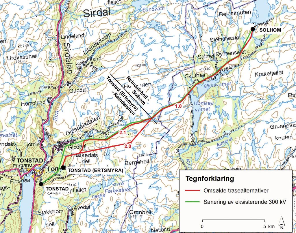 Omsøkte traseer for den nye 420 kv-ledningen på strekningen mellom Ertsmyra og Solhom.