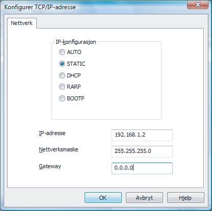 Angi din IP-adresse, nettverksmaske og gateway ved hjelp av BRAdmin Light Hvis du har en DHCP-/BOOTP-/RARP-server i nettverket ditt, trenger du ikke å gjøre følgende