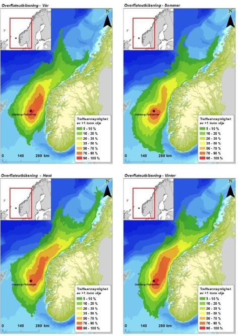 Figur 5-5 Sannsynligheten for treff av mer enn 1 tonn olje i 10 10 km sjøruter gitt en overflateutblåsning fra Oseberg feltsenter i hver sesong.