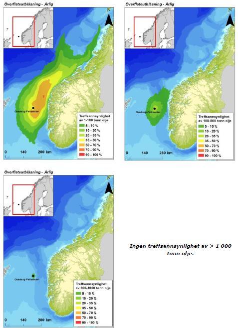 Figur 5-7 Sannsynligheten for treff av oljemengder; 1-100 tonn, 100-500 tonn, 500-1000 tonn eller > 1000 tonn i 10 10 km sjøruter gitt en overflateutblåsning fra Oseberg feltsenter og basert på