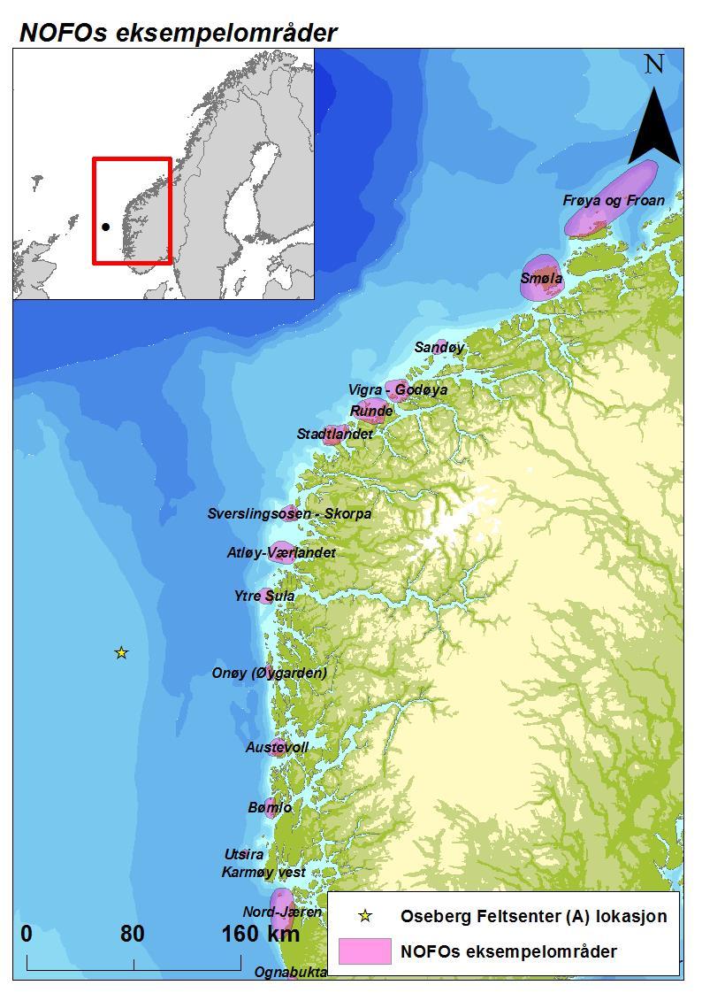 Figur 5-9 Lokasjon av eksempelområdene langs norskeskysten (NOFOs eksempelområder)