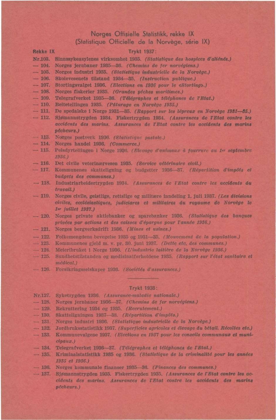 Norges Offisielle Statistikk, rekke IX (Statistique Officielle de la Norvége, série IX) Rekke IX Trykt 937: Nr.03. Sinnssykeasylenes virksomhet 935. (Statistique des hospices d'aliénée.) - 04.