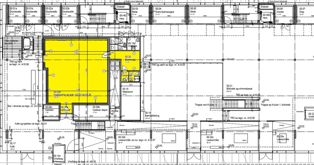 Studio Det bygges studio med kontrollrom og lager (merket grønt). Rommene er på til sammen 86 m². 4.2 Klubbscene I forbindelse kafélokaler i 1.