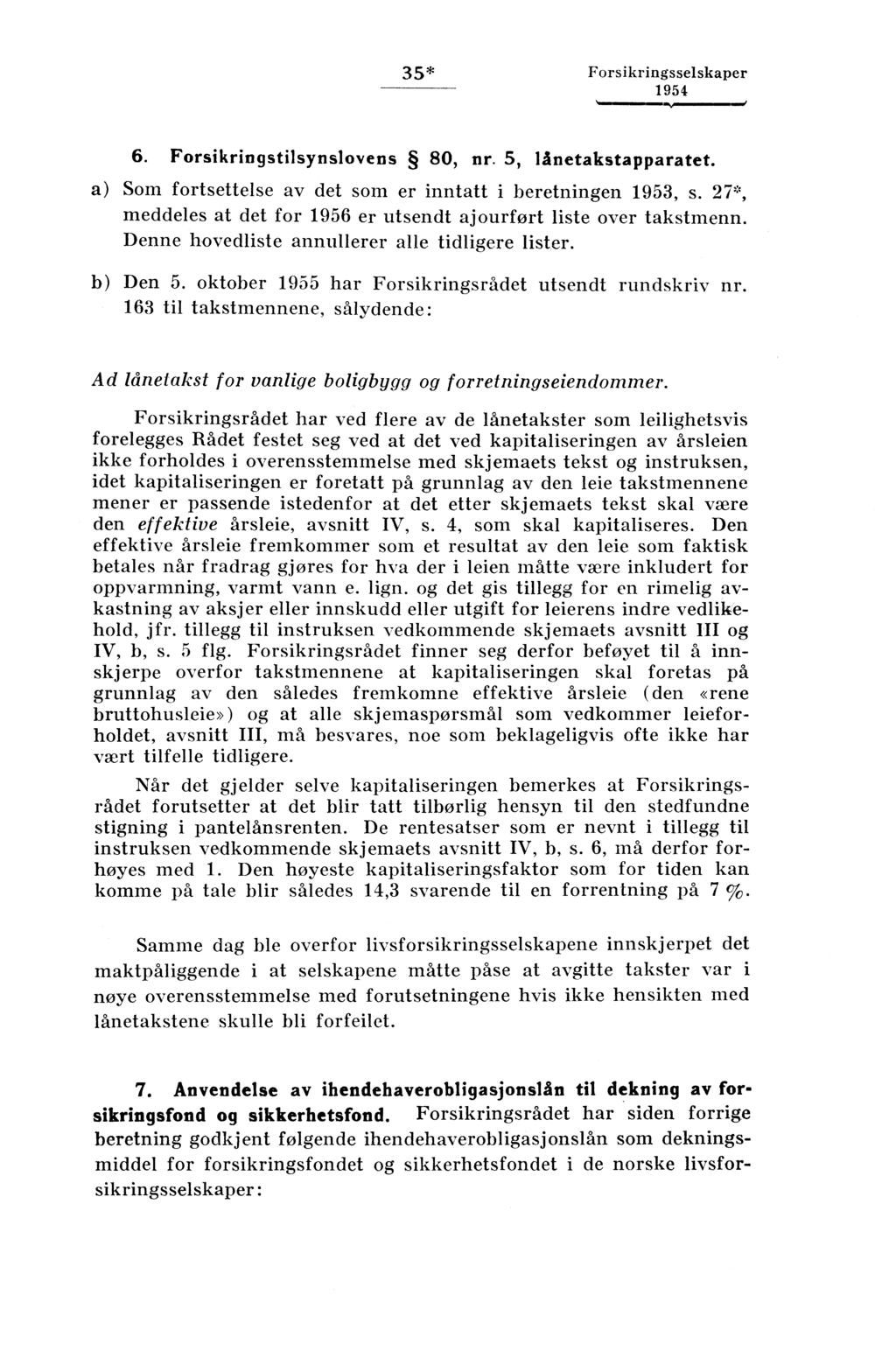 5* Forsikringsselskaper 6. Forsikringstilsynslovens 80, nr. 5, lånetakstapparatet. a) Som fortsettelse av det som er inntatt i beretningen 95, s.