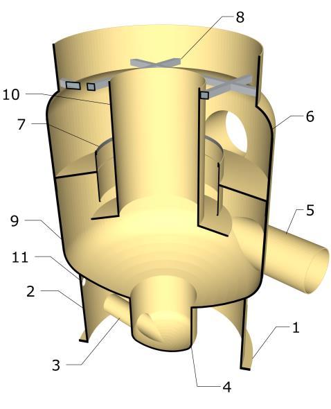 Dette skaper en virvelbevegelse som splitter vannstrømmen. Tyngre partikler ledes ned i sumpen og videre til nedstrøms mengderegulator/pumpestasjon/ledningsnett.