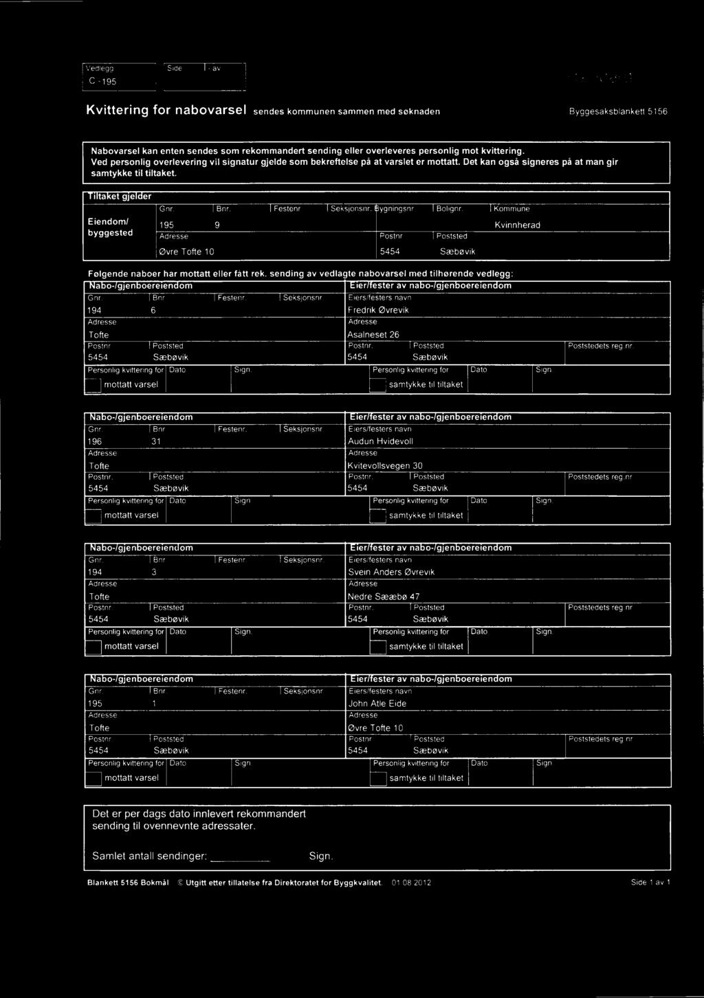 Eierffester Eiers/festers av nabo-igjenboereiendom navn 194 6 Tofle Personlig kvittering for Dato mottatt varsel Fredrik Øvrevik Asalneset 26 Poststedets reg.nr. Personlig kvittering for Dato Sig.