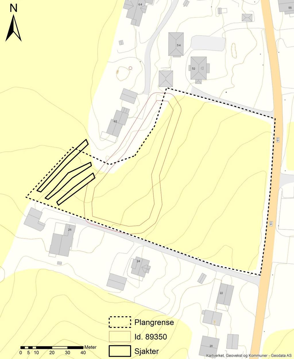 Kart 2: Detaljkart som viser plangrense, tidligere registrerte id. 89350 og sjakter.