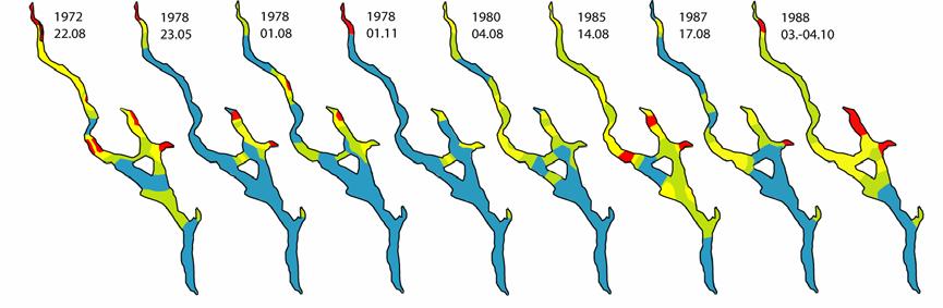 Figur 29. Mengden ferske tarmbakterier i Mjøsas øvre vannlag (-3 m) utvalgte år i perioden 1972-26.