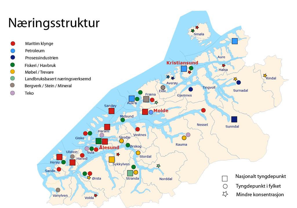 Kort om næringslivet i Møre og Romsdal: Det mest eksportretta fylket i landet Globalt ledende maritim klynge Landets største