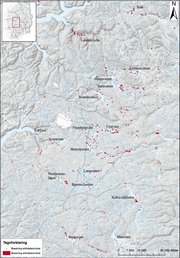 Fig. 1. Kartutsnitt fra høyfjellsområdene med undersøkte vassdrag. Innsjøer og vann som er nevnt i teksten er uthevet.