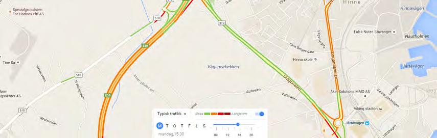Grønn farge indikerer rask trafikk, mens rød farge indikerer langsom trafikk. Veier uten farge har for få registreringer.