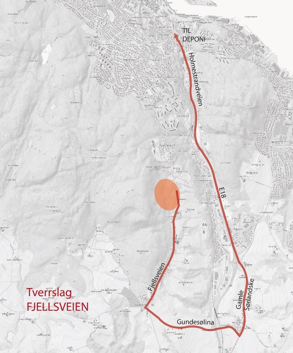 11 av 28 Tverrslag Fjellsveien Figur 5: Sannsynlig område for tverrslag ved Fjellsveien eksempel på mulig transportvei mot Holmen. Tverrslaget er kun aktuelt ved valg av korridor Pukerud. 4.