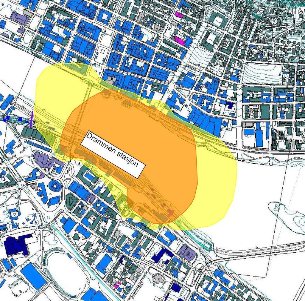 23 av 28 6.6 BEREGNINGER KNYTTET TIL ARBEID VED STASJONSOMRÅDENE Drammen stasjon: Beregningsresultatet knyttet til ombygging og etablering av nye plattformer på Drammen stasjon vises i Figur 11.