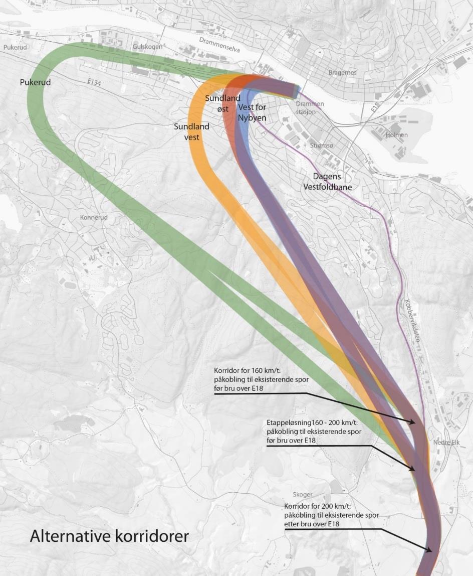 7 av 28 4. PROSJEKTBESKRIVELSE 4.2 UTREDNINGSKORRIDORER Drammen stasjon Gulskogen stasjon Ved vurdering av kapasitet skal alternative vendemuligheter for tog utredes.