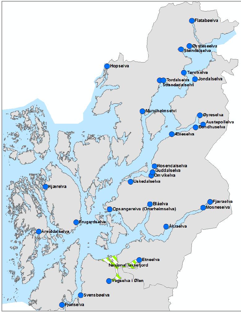 Anadrom fisk i kystsoneplanen Retningslinje 3.3.4: Lokalisering av nye akvakulturanlegg bør ikkje skje tett opp til anadrome vassdrag.