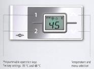 For dusj/baderom: Kompakt elektronisk vannvarmer med elektronisk termostat 6,6-8,8 kw 220 til 240 V Ved installasjon kan den begrenses til