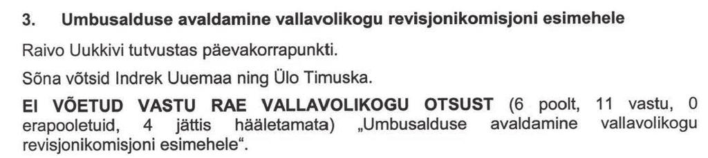 Hea märk on see, et 4 jätsid hääletamata, seega need 4 kohe kindlasti ei olnud Timuska tegevusega rahul Lõpuks sai Timuska ise aru, et ei vea välja ja astus