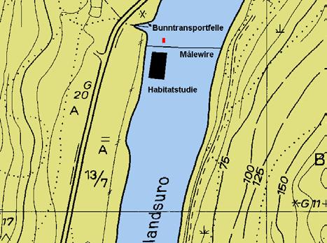 11 Fig. 1c. Bunntransportfellenes beliggenhet i forhold til habitatstudie feltene i Suldalslågen, A:Steinsøy, B: Kvæstad og C: Litlehaga bru.