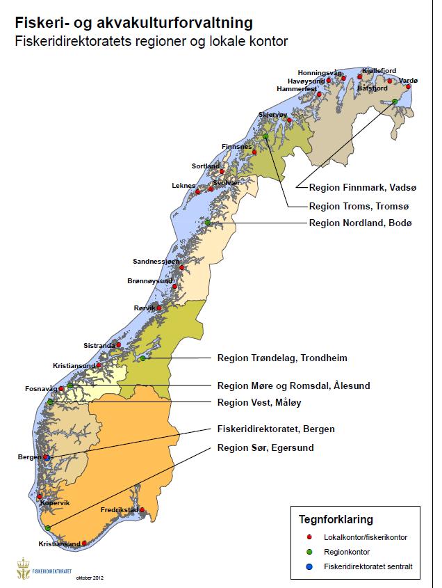 Kort om Fiskeridirektoratet Fiskeridirektoratet vart etablert i Bergen i 1900 og er styresmaktene sitt rådgjevande og utøvande organ innan fiskeri- og havbruksforvalting i Noreg.