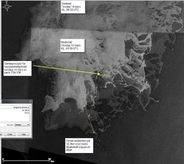 Figur 10 To satellittscener satt sammen; èn scene fra Sentinel tatt tirsdag 14.