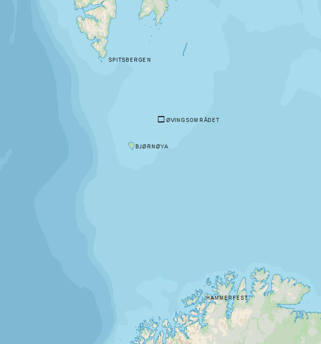 5 Observasjoner og resultater 5.1 Øvingsområde og fysiske forhold Øvingsområdet var nordøst for Bjørnøya, på ca. 75 N, 22 Ø (Figur 1). Utsnittet i Figur 2 under, fra et satellittbilde tatt 16.