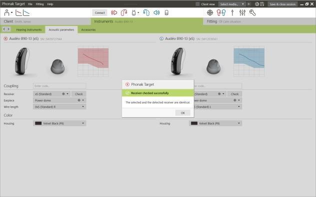 Kontroll av mottaker Når enhetene først blir tilkoblet, kontrollerer Phonak Target om tilkoblet receiver på Audéo B stemmer med den som er valgt på skjermbildet [Akustiske parameter].