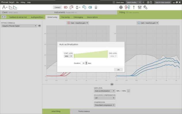 AudiogramDirect Klikk på [AudiogramDirect] for å teste høreterskler og UCL ved hjelp av de tilkoblede høreapparatene. Klikk på [Start AudiogramDirect] og følg instruksjonene.