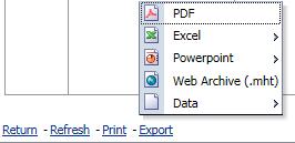 Export (Eksport) gjør det mulig for brukere å laste ned listedataene i et av formatene som er oppført i tabellen nedenfor: Eksportkategori Eksportalternativ Filtype PDF Adobe Portable Document Format.