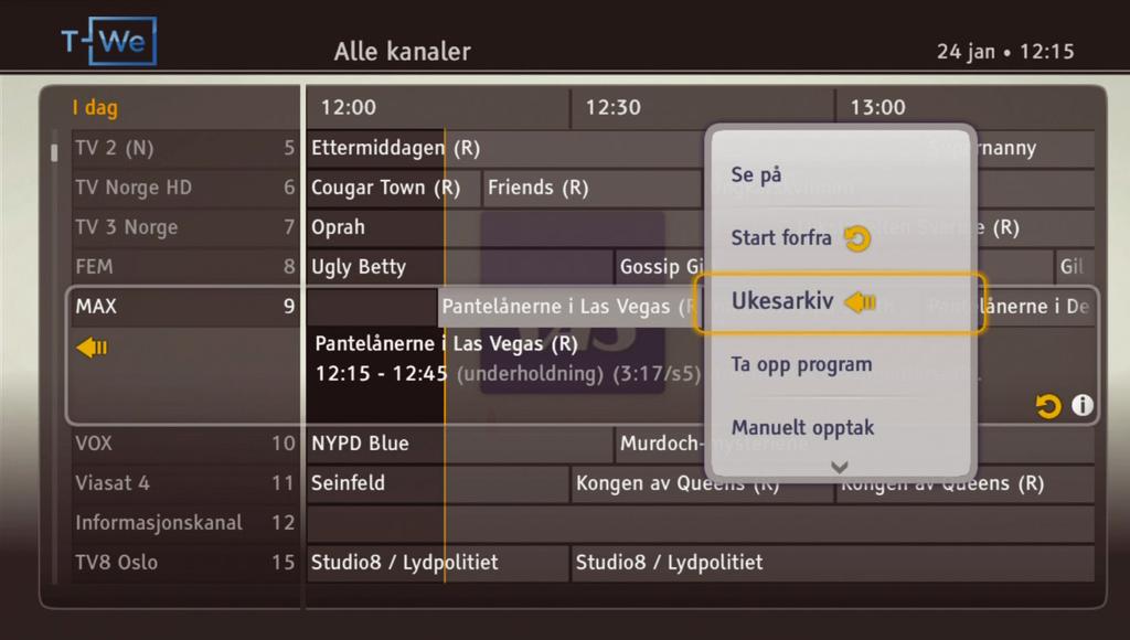 Du får tilgang til ukesarkivet på to ulike måter: Filmtjeneste Hvis du i TV-guiden trykker U kesarkiv på fjernkontrollen og velger vil du få opp en oversikt lik TV-guiden bakover i tid.