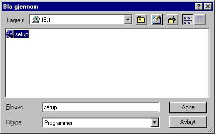 b Velg Start Kjør. c Klikk på Bla gjennom i dialogboksen Kjør. d Bla til du finner filen setup.exe på CD-ROM-platen, og klikk på Åpne.