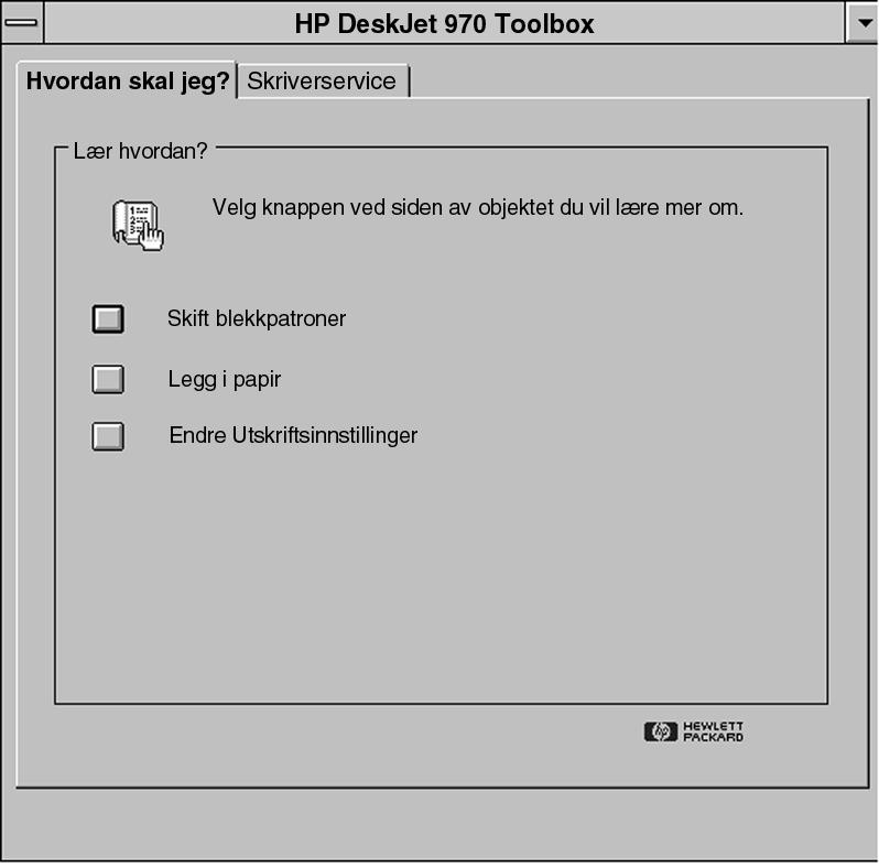 B Skrive ut i Windows 3.1.x og DOS Verktøyboks for HP DeskJet Verktøyboks for HP DeskJet bruker du når du vil finne informasjon og vedlikeholde skriveren.