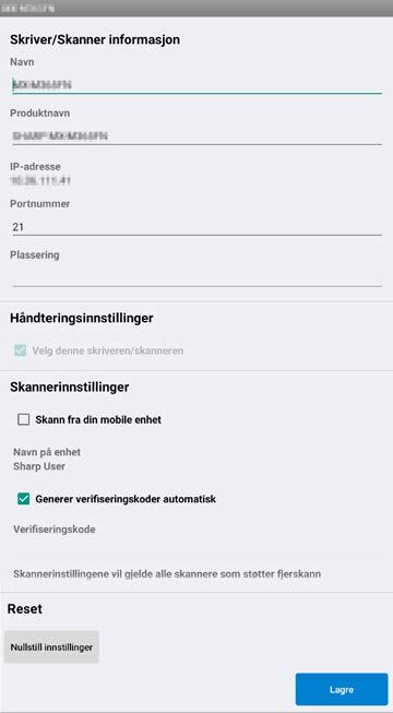 4 Innstillinger for skriver/skanner Når funksjonen «Skann fra mobil enhet» er tilgjengelig, vises følgende informasjon og alternativer.